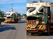 09:56 –
Caminhão de coleta de lixo bate em poste no Pedra 90 e tem cabine destruída; veja vídeo