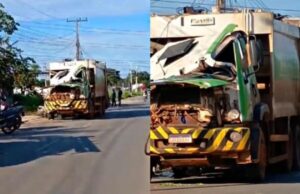 09:56 –
Caminhão de coleta de lixo bate em poste no Pedra 90 e tem cabine destruída; veja vídeo