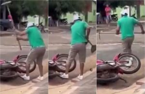 Homem destrói moto com enxada após fugir de acidente em MT
