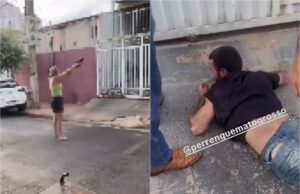 Vídeo mostra ladrão sendo rendido por moradora armada em Cuiabá