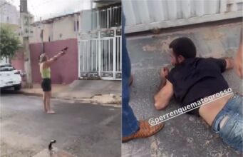 Vídeo mostra ladrão sendo rendido por moradora armada em Cuiabá